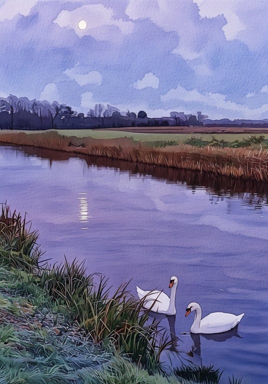 Swans In Moon Light Norfolk Nordelph Greeting Card A5