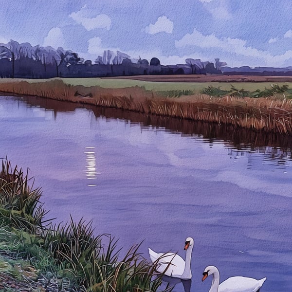 Swans In Moon Light Norfolk Nordelph Greeting Card A5