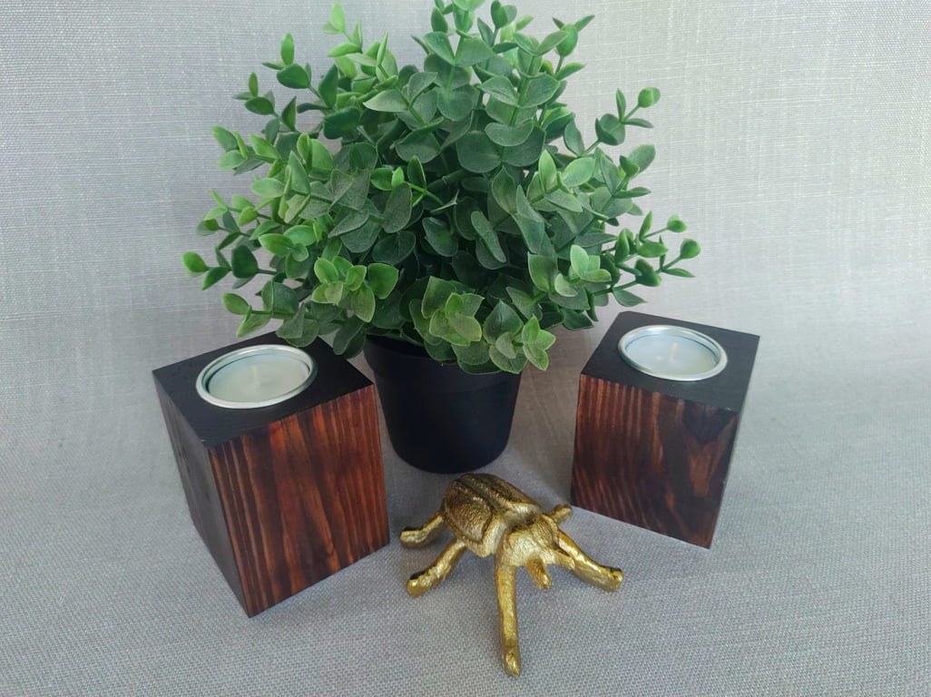 Set of 2 Wooden Tealight Holders - Dark Oak Finish Upcycled Pallet Wood