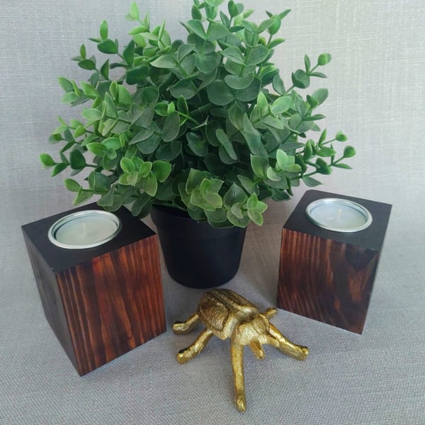 Set of 2 Wooden Tealight Holders - Dark Oak Finish Upcycled Pallet Wood