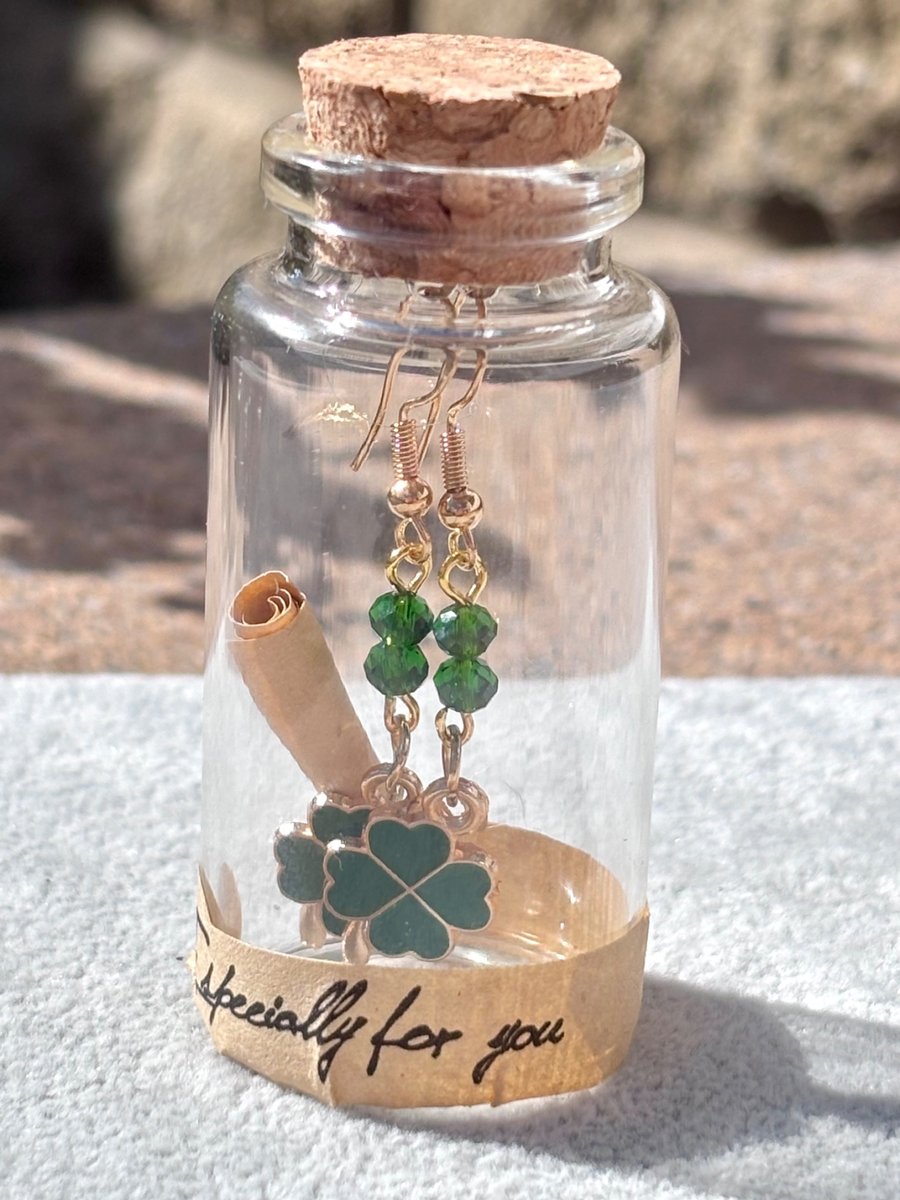 Handmade Shamrock & Crystal Earrings in a Bottle.