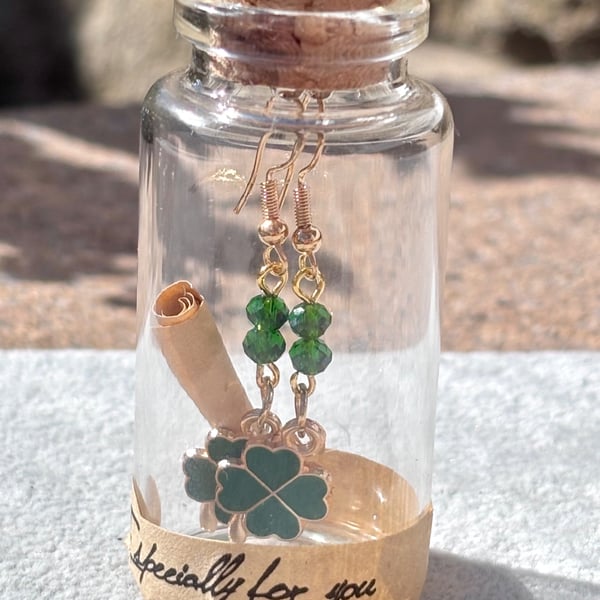 Handmade Shamrock & Crystal Earrings in a Bottle.