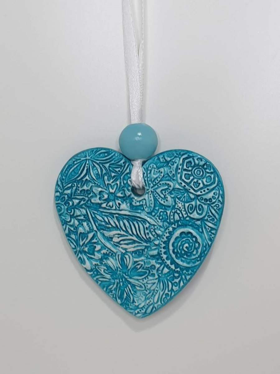 Pretty turquoise heart, clay hanging decoration, mother's day, gift for her 