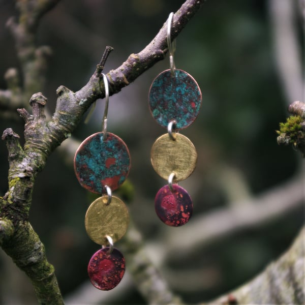 Verdigris, Copper and Brass Textured Dangle Earrings