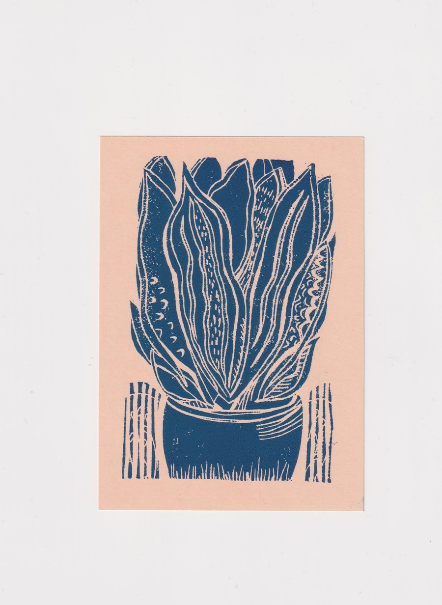 Sanseveria Succulent Plant- Linocut Print. 