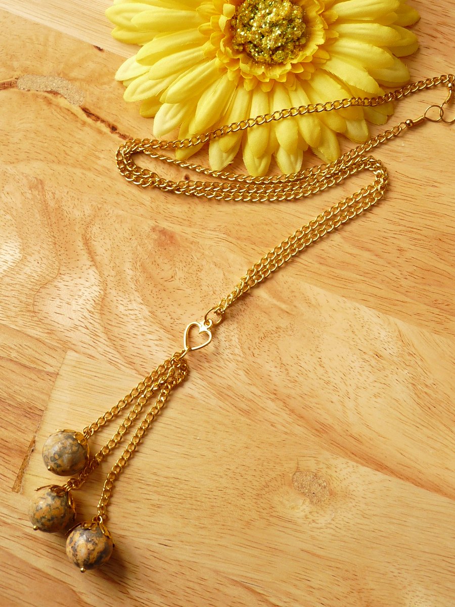 Leopard Jasper 3 Drop Heart Tassel Necklace 