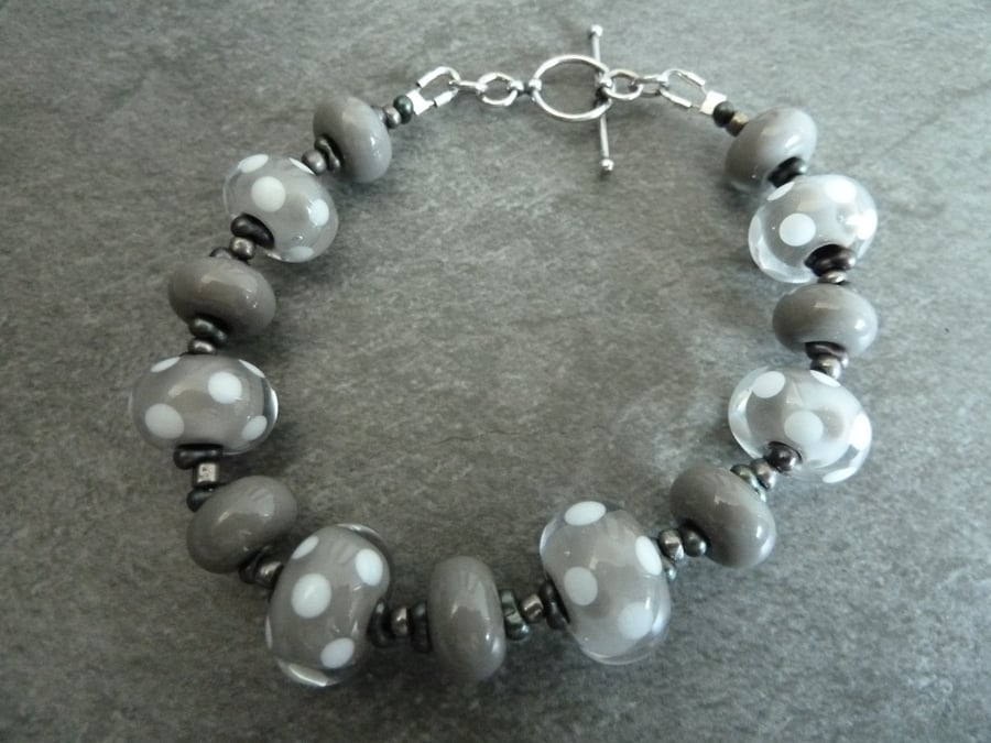 sterling silver, grey polka dot bracelet