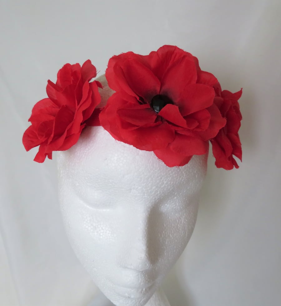 Red Rose & Black Flower Crown Retro Vintage Boho Floral Girls Hair Headband 