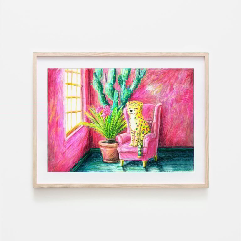 Pink Cheetah Art - Plant print - Cat illustration - A4 art print