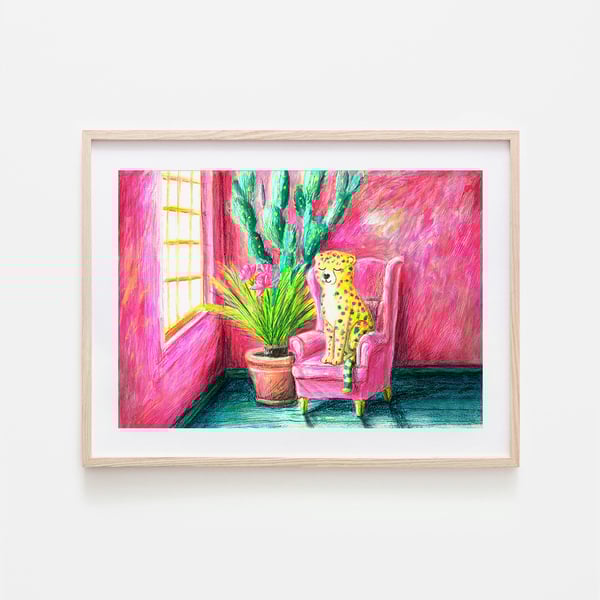 Pink Cheetah Art - Plant print - Cat illustration - A4 art print