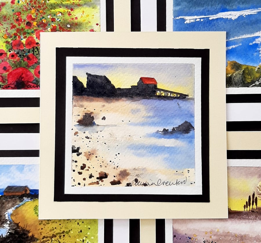 Blank Handpainted  Notelet Greetings Card Of Sun Behind Dunaverty Boat House