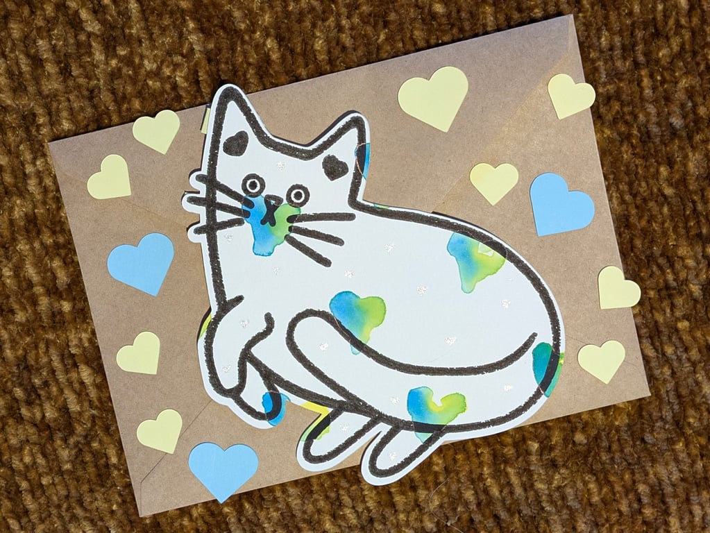 Cat card hand painted watercolour shaped greeting card love hearts 8