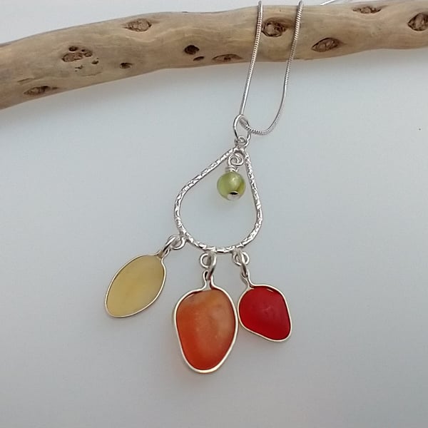 Red Orange Yellow Trio Seaham Sea Glass Necklace with Peridot Charm 