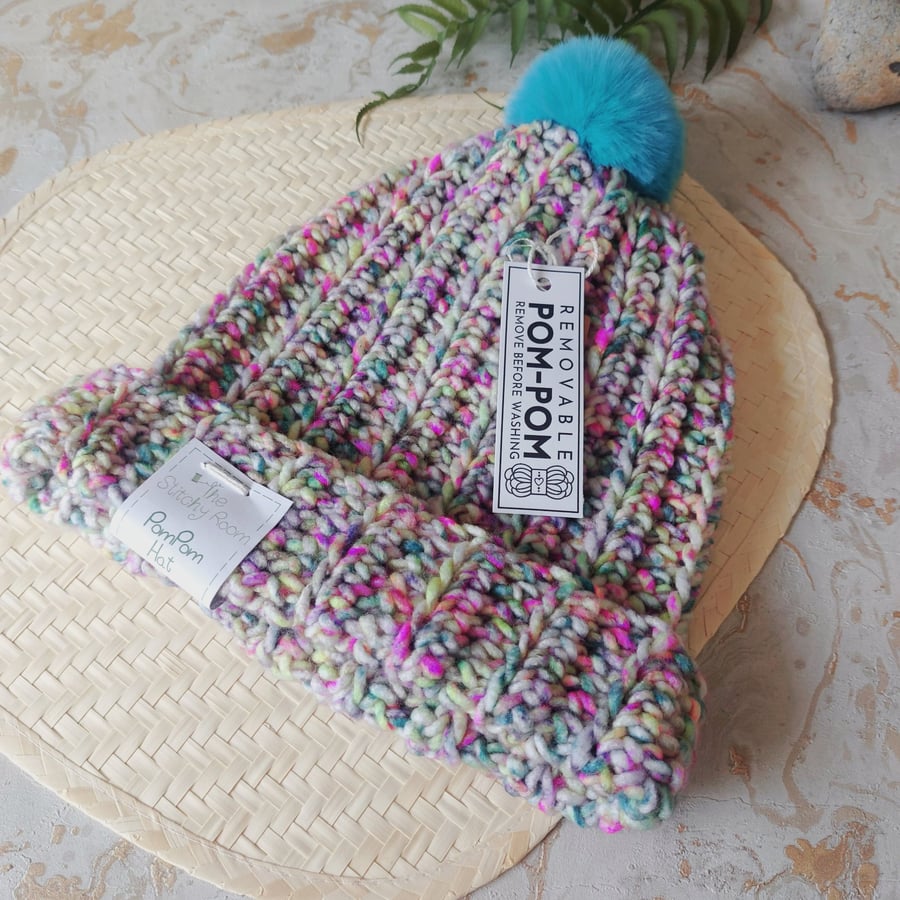 Crochet Hat Beanie Faux Fur Pompom Chunky Yarn