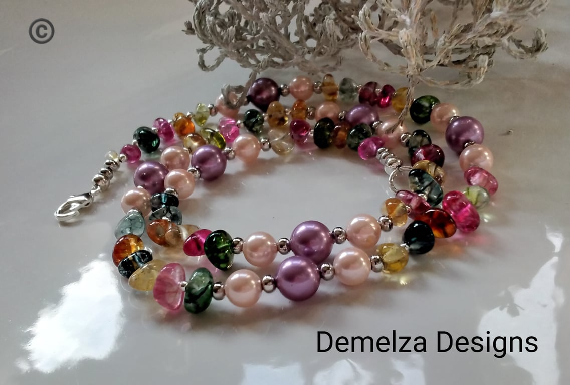 Multicoloured  Quartz Pebble & Shell Pearl Necklace Silver Plate