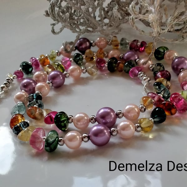 Multicoloured  Quartz Pebble & Shell Pearl Necklace Silver Plate