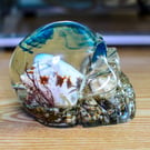 Ocean Floor Resin Skull Ornament With Natural Shells, Pebbles, Netting and Rope.