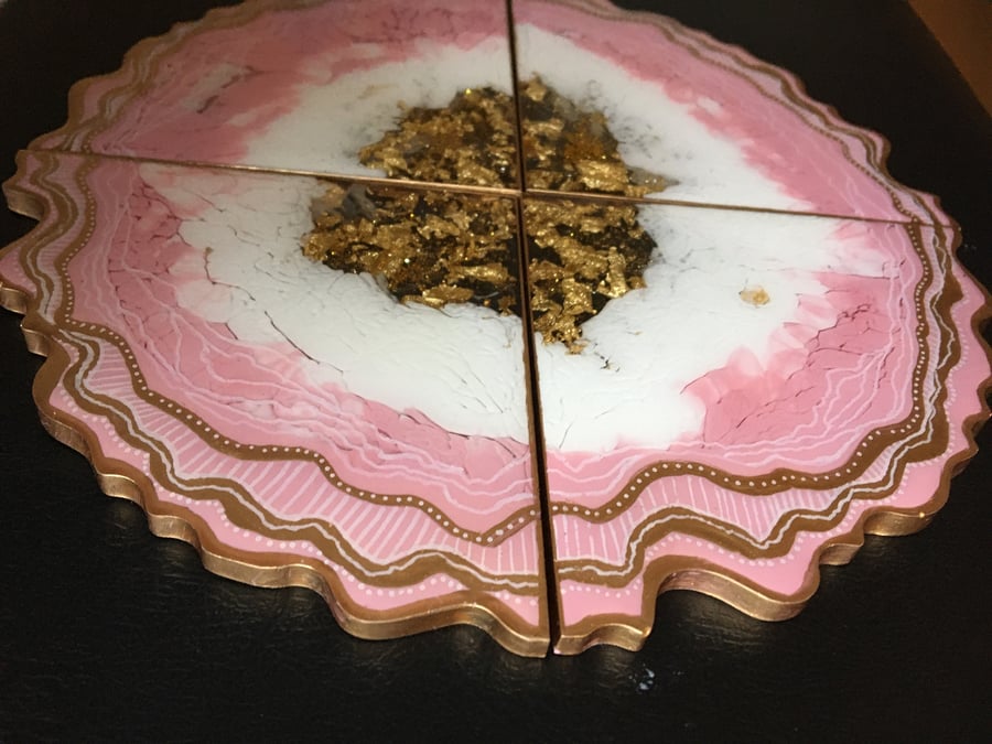Luxury pink, white and gold resin coasters, slices, reversible, set of 4  