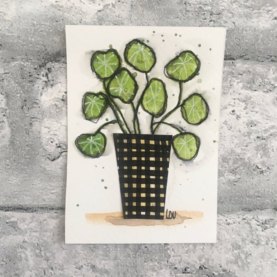 Original art ACEO in watercolour and collage house plant 