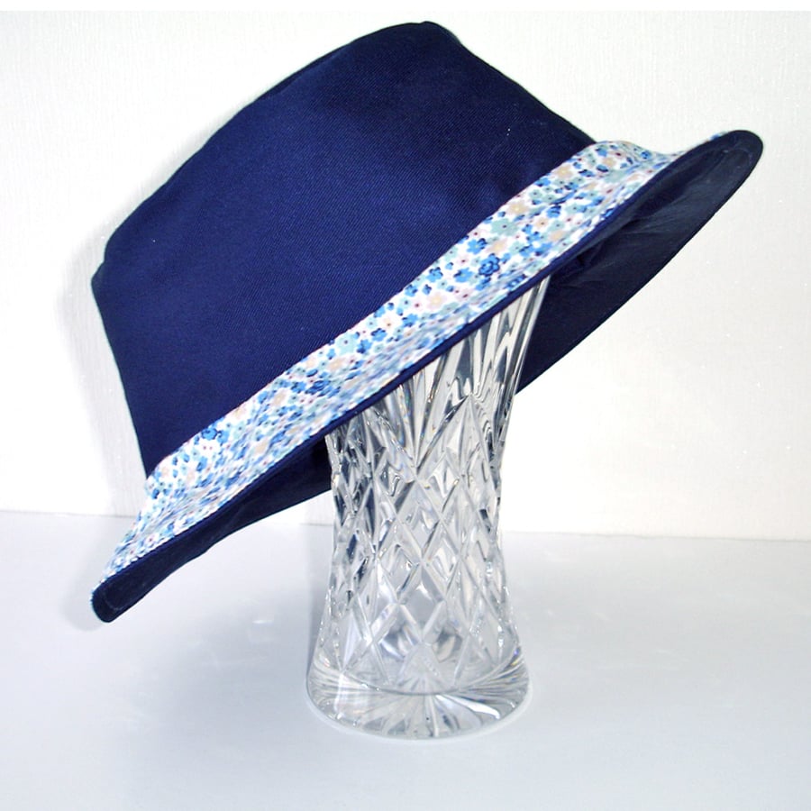 Blue Sun Hat Bucket Hat Ditsy Floral Rim Navy Blue Duck Egg Reversible Shade