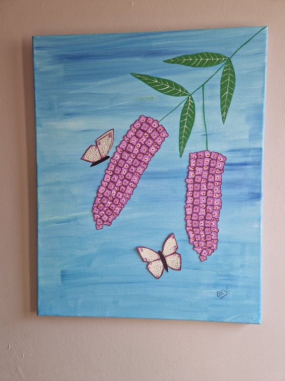  A handcrafted collage of  Buddleia and butterflies on a large canvas. 