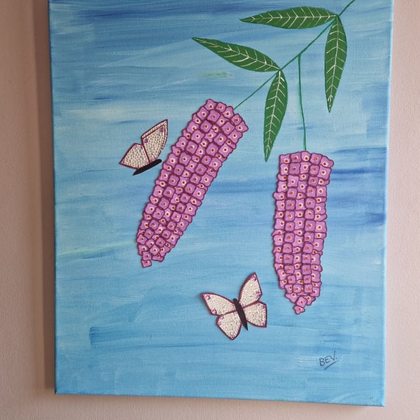  A handcrafted collage of  Buddleia and butterflies on a large canvas. 