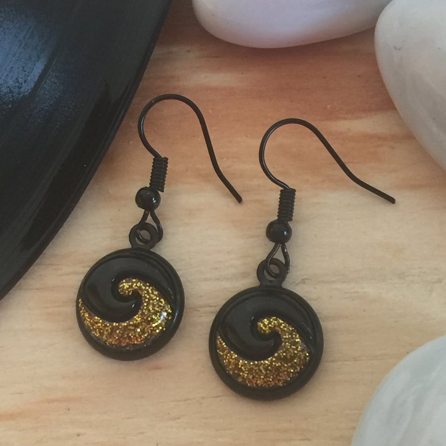 Black and Gold Swirl Dangle Earrings