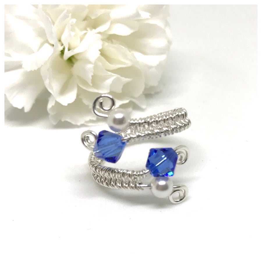 Sterling Silver Pearl and Crystal Adjustable Ring, Gift For Her