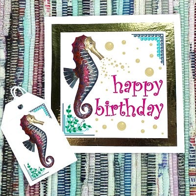 Seahorse - Happy Birthday card & free gift tag
