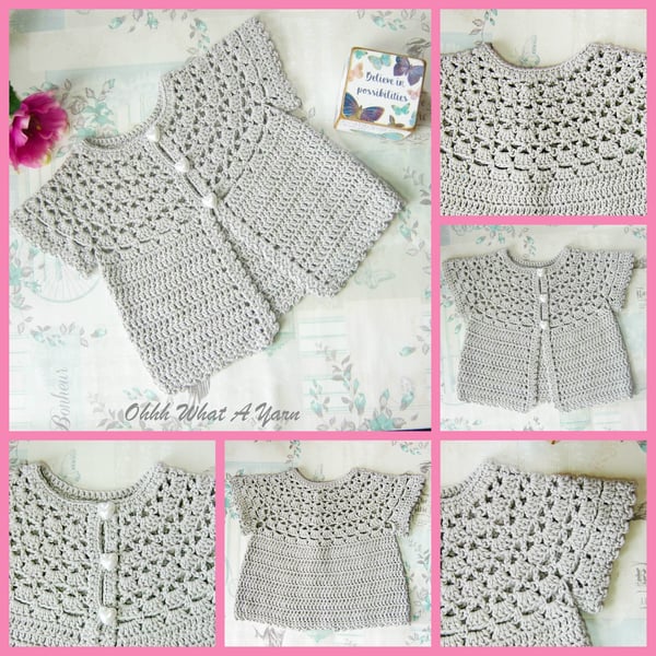 Grey cap sleeve 100% cotton summer baby cardigan. Age 6-12 months