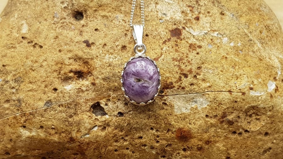 Tiny oval Charoite pendant necklace. 925 sterling silver necklaces for women