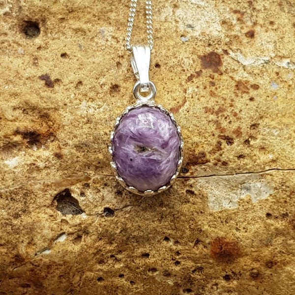 Tiny oval Charoite pendant necklace. 925 sterling silver necklaces for women