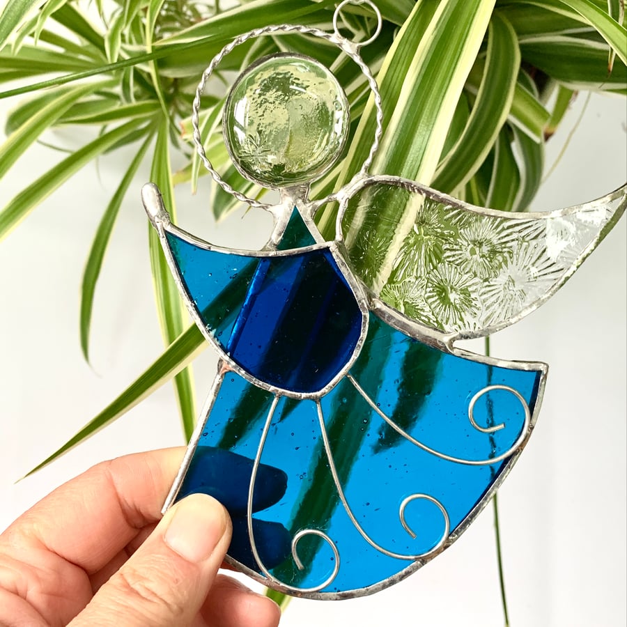 Stained Glass Christmas Angel Suncatcher - Turquoise 
