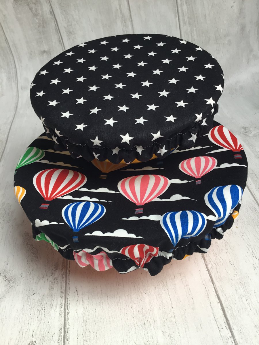 Reusable bowl covers - set of two. Black balloons and stars.