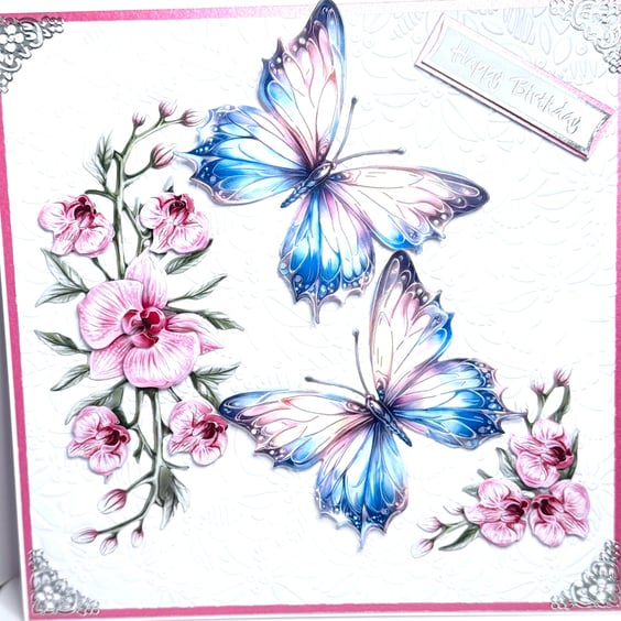 3D Butterfly Orchid Birthday Card for Her,  Luxury Handmade Embossed Keepsake