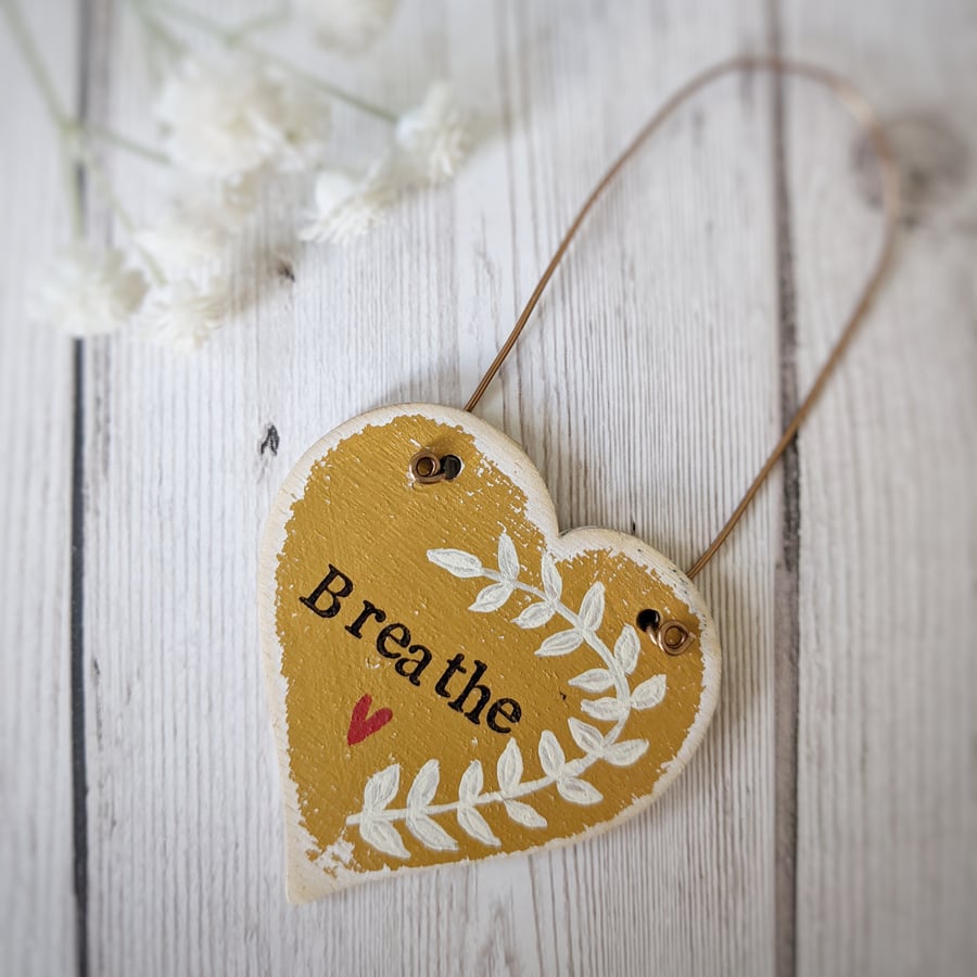 Hand Painted Wooden Heart Hanging Decoration 'Breathe'