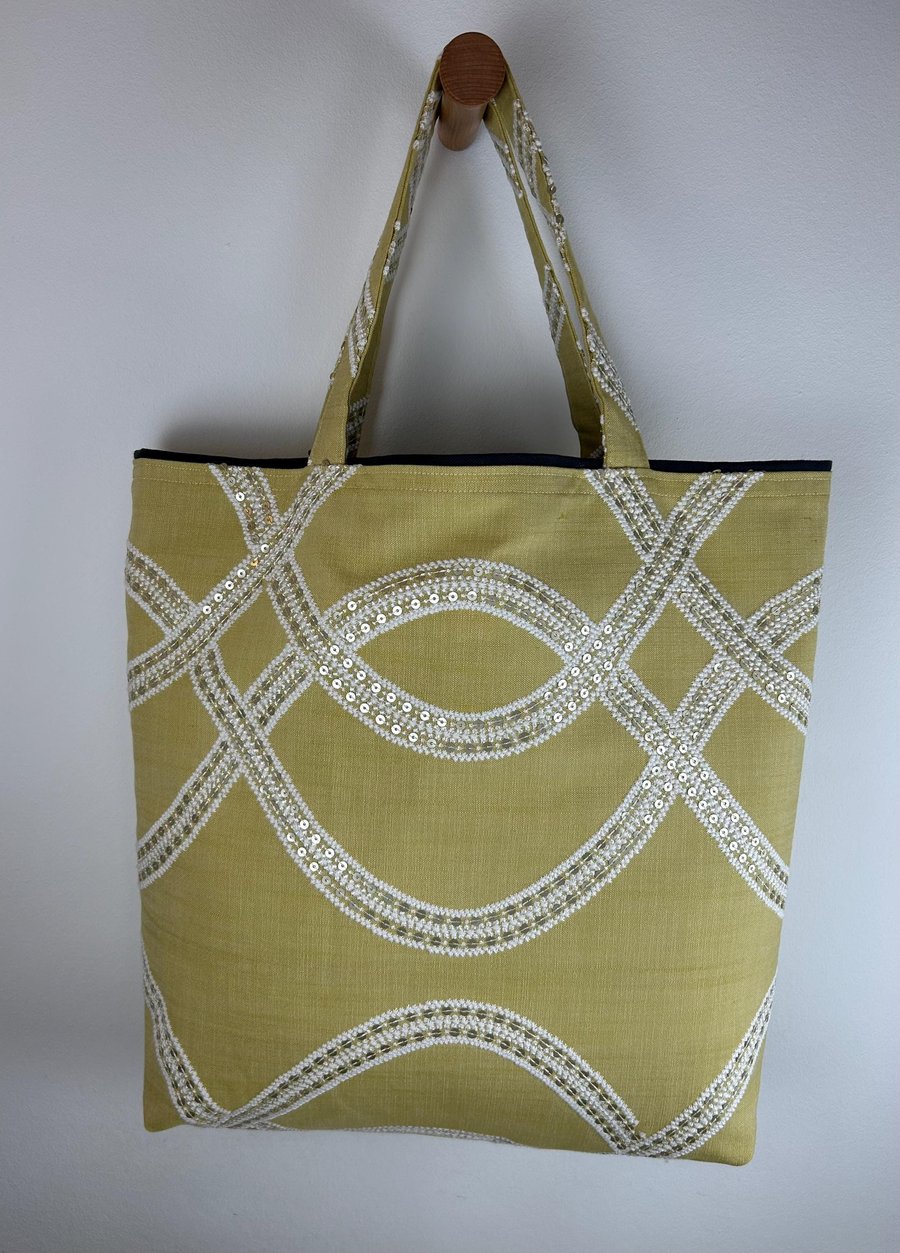 Embroidered Yellow Tote Bag Geometric Sequins, Elegant Purse