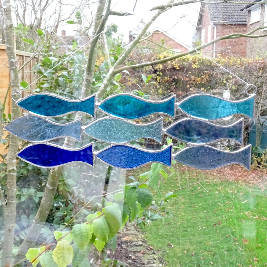 Stained Glass Shoal of 9 Fish Suncatcher - Blue and Turquoise