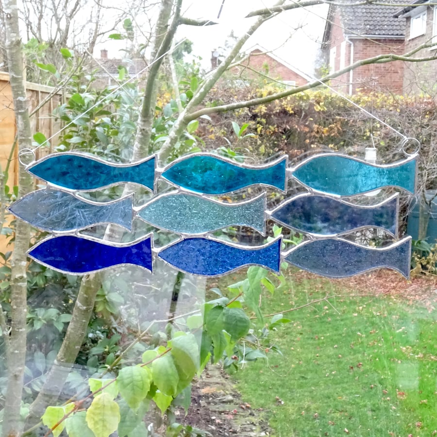 Stained Glass Shoal of 9 Fish Suncatcher Blue... Folksy