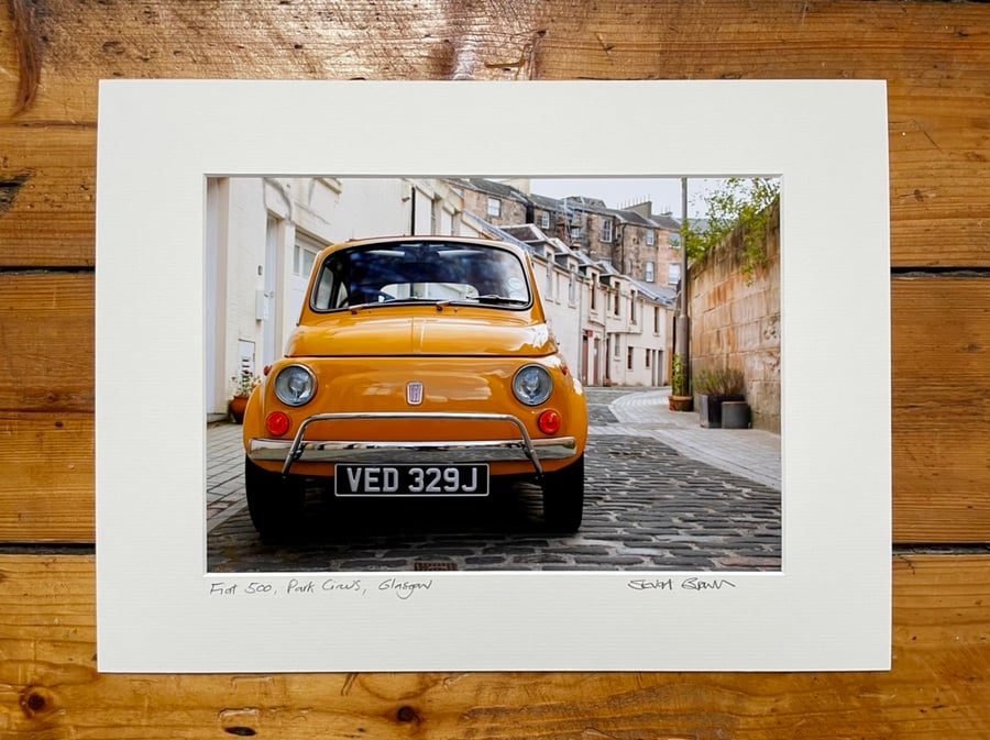 Classic Fiat 500, Glasgow Signed Mounted Print FREE DELIVERY