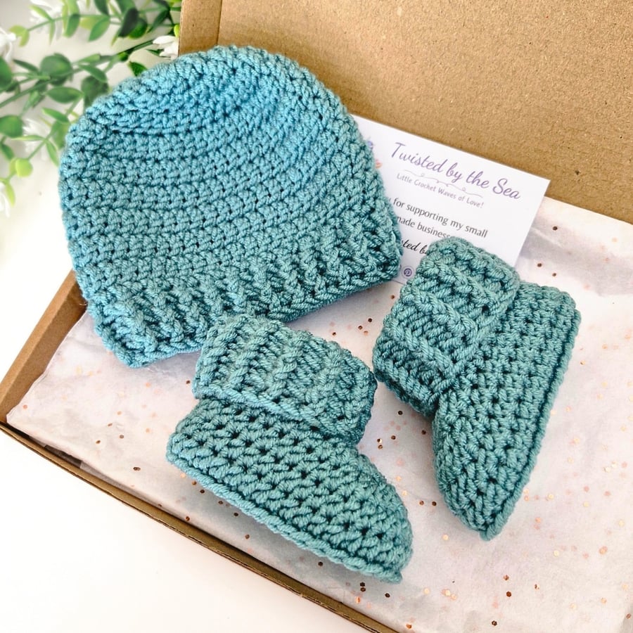 Crochet Newborn Hat and Booties Set – Deep Blue-Green – Baby Shower Gift 