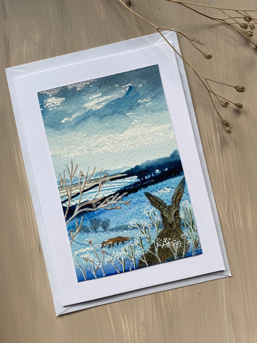 Hand painted hare and fox card