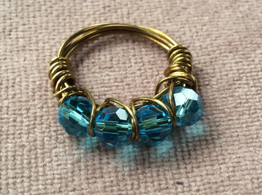 Turquoise Faceted Crystal Wire Wrap Ring - Gold Tone Wire 