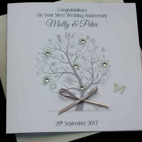 Handmade Personalised Silver 25th Wedding Anniversary Tree Card