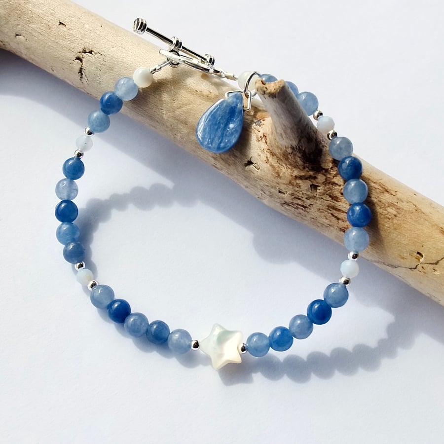 Blue Aventurine Bracelet With Kyanite Drop - Handmade Gift, Anniversary, Wedding