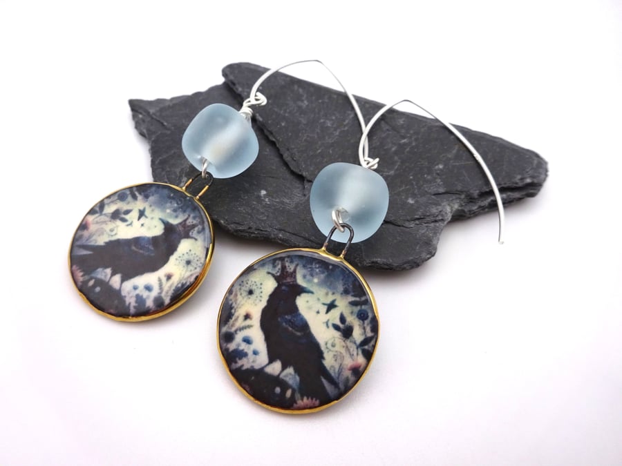 lampwork glass blue earrings, raven king ceramic jewellery