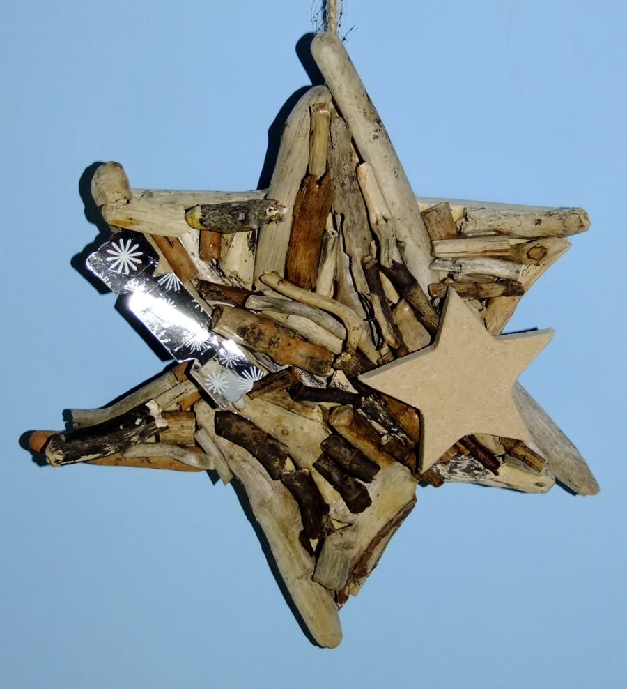 Christmas star made from Cornish driftwood, Xmas time or all year decoration.
