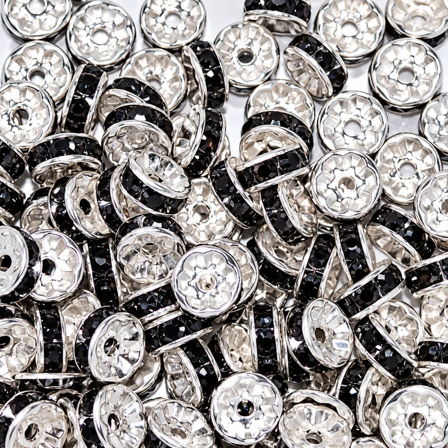 Image of 100pcs 6 - 10 mm Black Rhinestone Rondelle Spacer Beads for DIY Jewellery Making