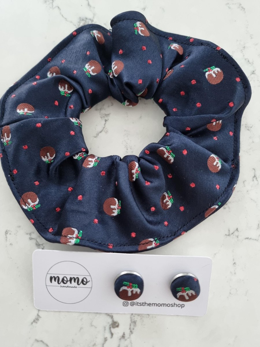 Christmas scrunchie fabric studs pudding, upcycled liberty tie, unique gift for 