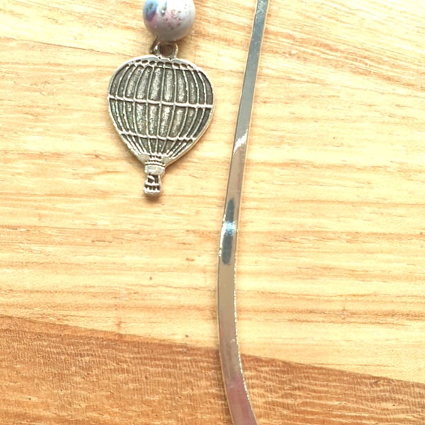 Silver-plated Bookmark with Upcycled Bead and Hot Air Balloon Charm